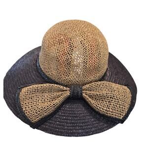 Vintage Womens Natural Straw Bow SunHat 0/S Derby Beach Coastal Quiet Luxury